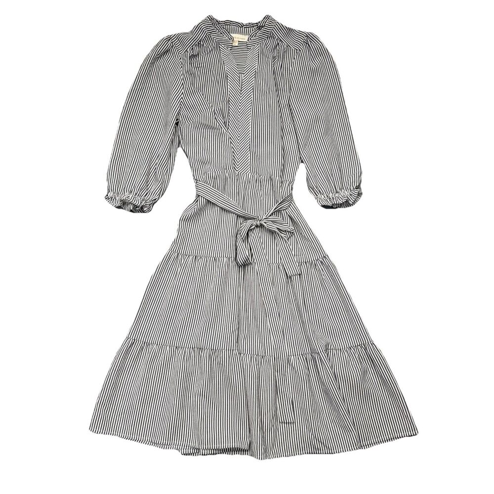 Monteau Dress M Blue White Pinstripe Belt V-Neck Knee Length Lightweight Tiered - Picture 1 of 10